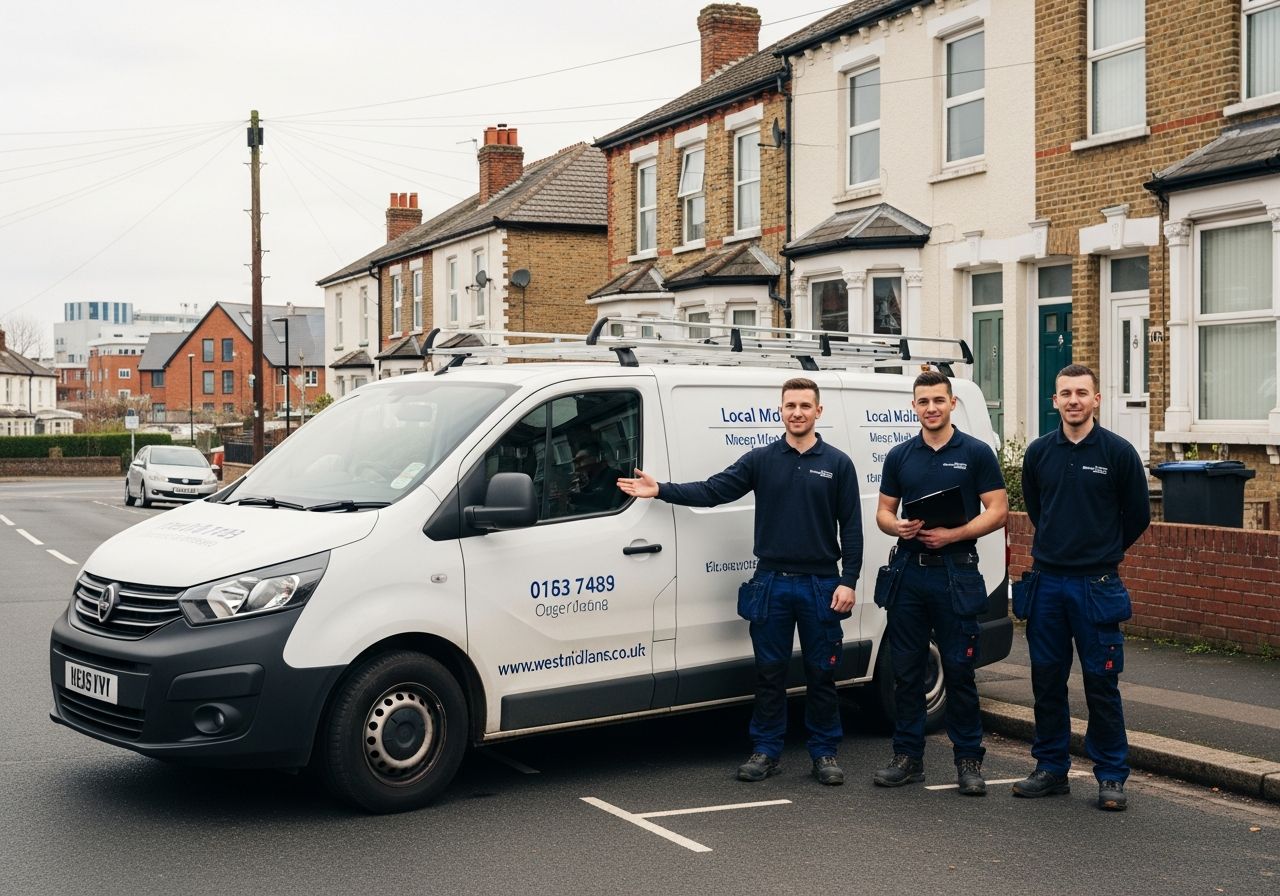 Team with branded work van outside a British home in Walsall and West Midlands