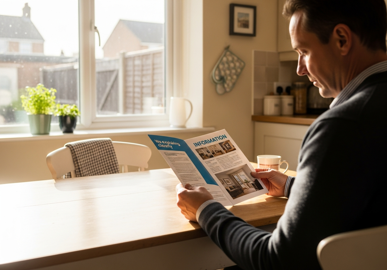 Homeowner reading information leaflet about home improvement services