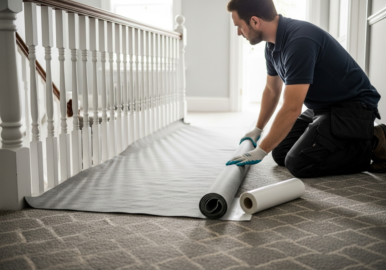 Installer carefully laying protective dust sheets on carpet before starting work — protecting the customer's home