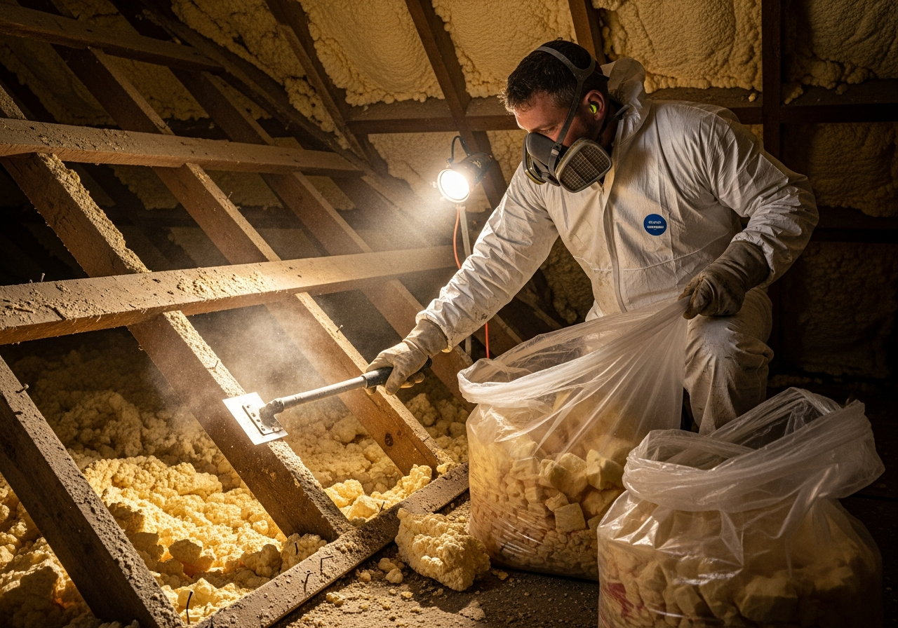 Technician actively stripping spray foam from roof timbers inside a loft