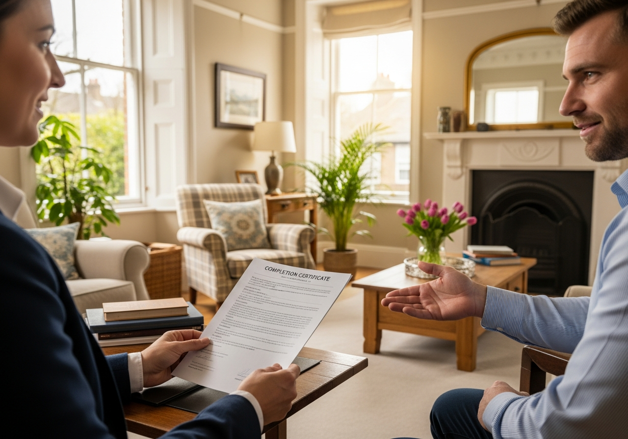 Homeowner receiving completion certificate after professional contractor work