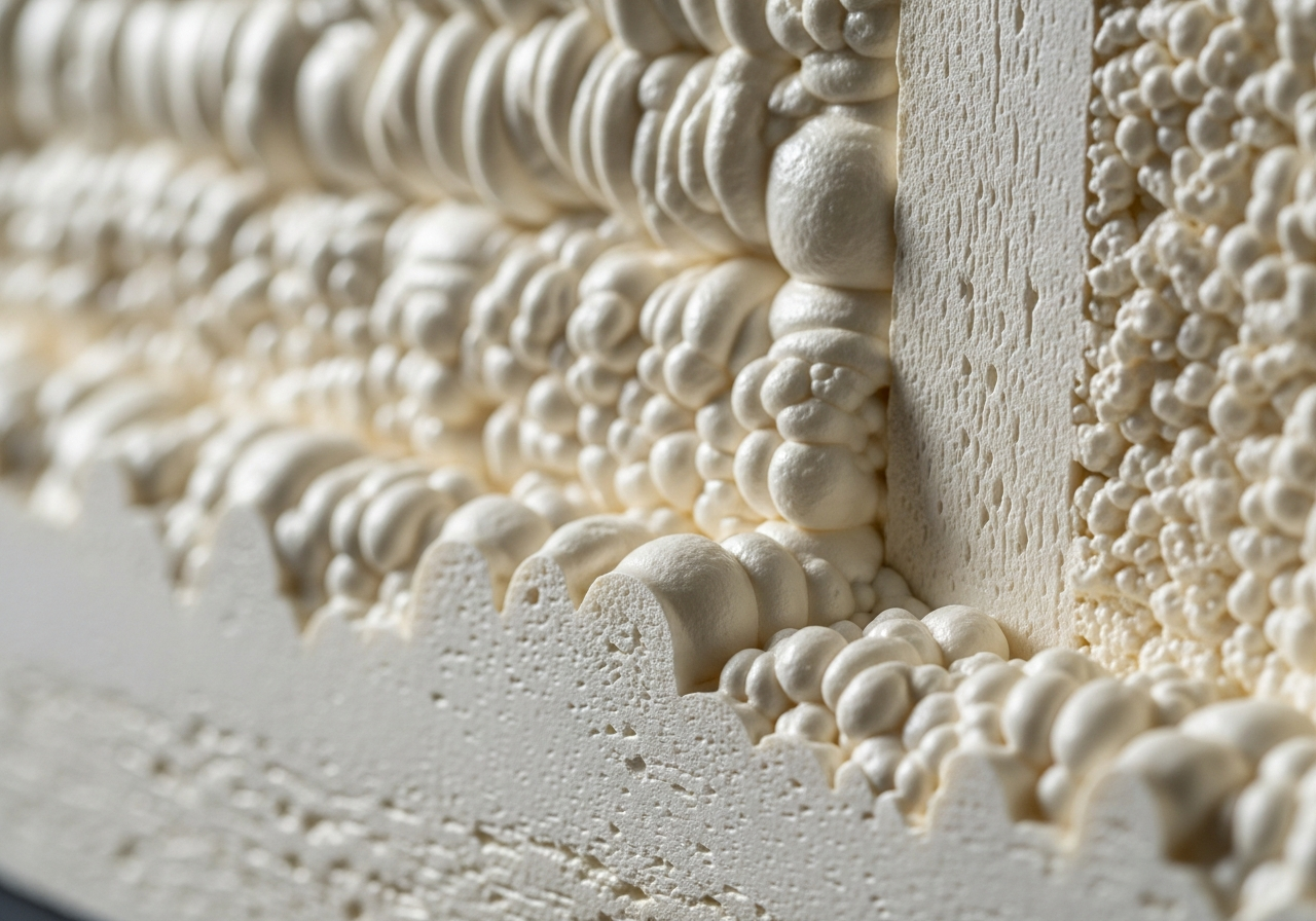 Close-up detail of materials and technique used in spray foam insulation — showing quality