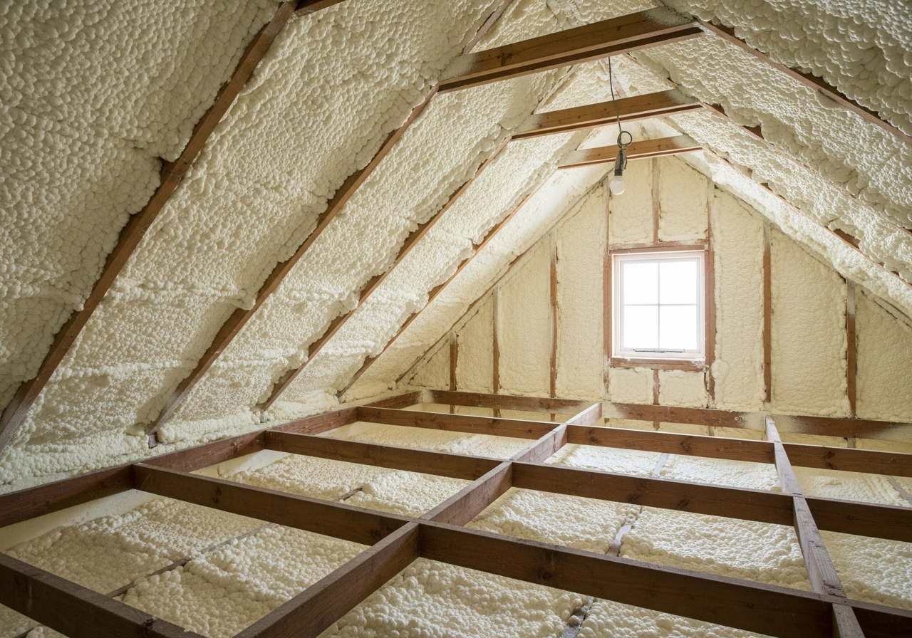 Completed spray foam insulation showing professional quality workmanship in a British home