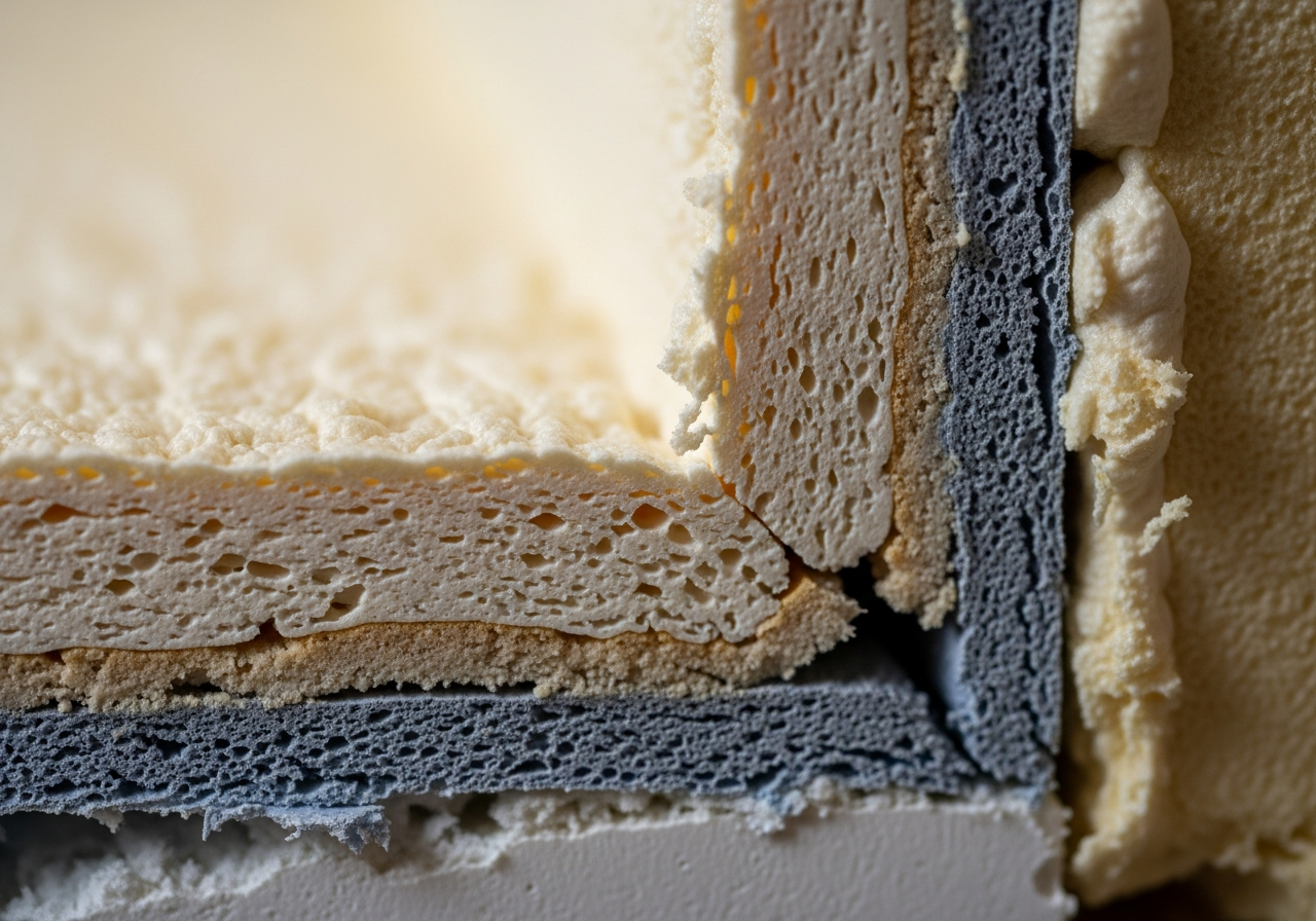 Close-up detail of materials and technique used in spray foam removal — showing quality